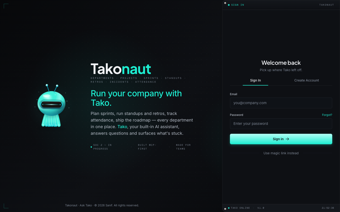 Takonaut login page with the Tako mascot and the sign-in form
